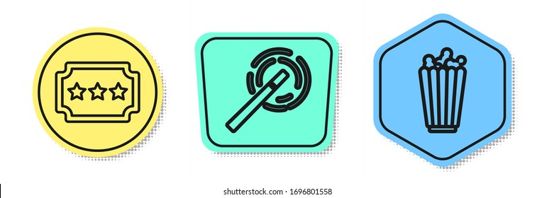Ponga en la casilla Ticket, Magic wand y Popcorn. Formas coloreadas. Vector