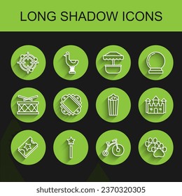 Set line Ticket, Magic wand, Target sport for shooting competition, Vintage bicycle with one big wheel one small, Paw print, Castle and Popcorn cardboard box icon. Vector
