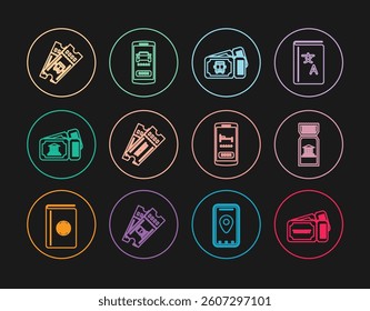 Set line Ticket, Museum ticket, Bus, Online hotel booking and car sharing icon. Vector