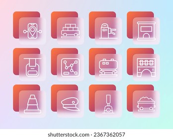 Set line Ticket office to buy tickets, Train driver hat, Oil railway cistern, Arrow for switching the, Railway map, Turnstile, Route location and Cargo train wagon icon. Vector