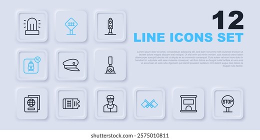 Set line Ticket office to buy tickets, Stop sign, Train driver hat, Flag, Online booking, Railroad crossing and conductor icon. Vector