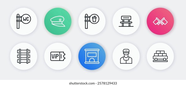 Set line Ticket office to buy tickets, Flag, Railway, railroad track, Train conductor, Waiting hall, Cafe and restaurant location, Cargo train wagon and  icon. Vector