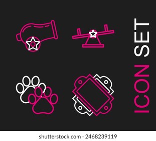Set line Ticket, Paw print, Seesaw and Cannon icon. Vector