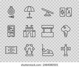 Set line Ticket, Road traffic signpost, Seesaw, Ferris wheel, Classic dart board and arrow, Castle, Bumper car and Ice cream in waffle cone icon. Vector