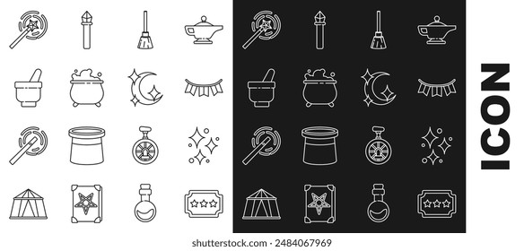 Set line Ticket, Sparkle stars with magical glitter, Carnival garland flags, Witches broom, cauldron, Magic mortar pestle, wand and Moon icon. Vector