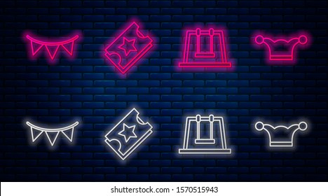 Set line Ticket, Swing, Carnival garland with flags and Jester hat with bells. Glowing neon icon on brick wall. Vector