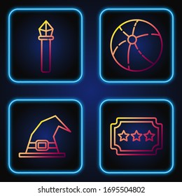 Set line Ticket, Witch hat, Magic staff and Beach ball. Gradient color icons. Vector