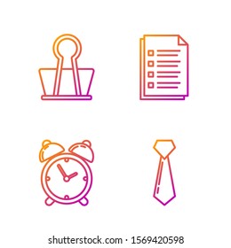 Set line Tie, Alarm clock, Binder clip and File document. Gradient color icons. Vector
