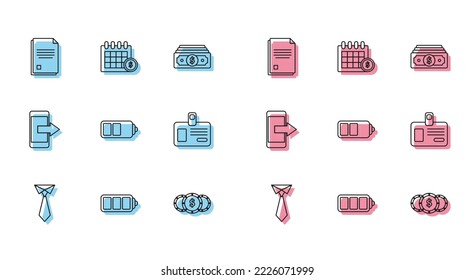 Set line Tie, Battery charge level indicator, File document, Coin money with dollar symbol, Identification badge, Smartphone, mobile phone and Financial calendar icon. Vector