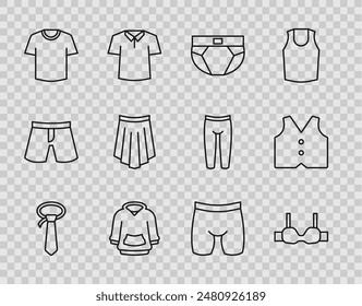 Set line Krawatte, BH, Herren Unterhose, Hoodie, T-Shirt, Rock, Radhose und Weste-Ikone. Vektorgrafik