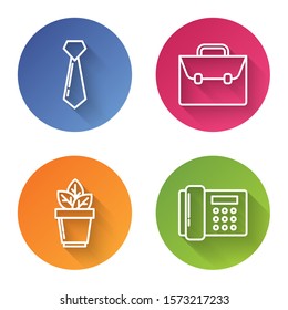 Set line Tie, Briefcase, Flowers in pot and Telephone. Color circle button. Vector