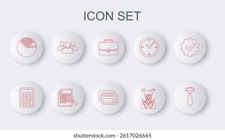 Set line Tie, Calculator, Briefcase, Face recognition, Pie chart infographic, Users group, Document with search and Credit card icon. Vector