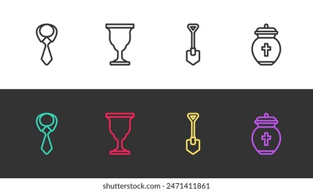 Set line Tie, Christian chalice, Shovel and Funeral urn on black and white. Vector