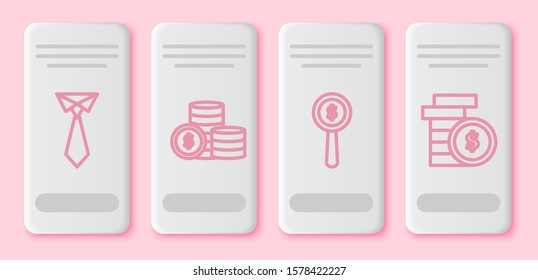 Set line Tie, Coin money with dollar symbol, Magnifying glass and dollar symbol and Coin money with dollar symbol. White rectangle button. Vector