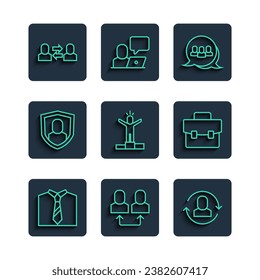 Set line Tie, Exchange work, Project team base, Productive human, User protection,  and Briefcase icon. Vector