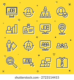 Definir Hora da linha, Trabalho do Exchange, Local do trabalhador, Hierarquia de funcionários, Crachá de identificação, Humano produtivo, Trabalho de pesquisa e ícone. Vetor