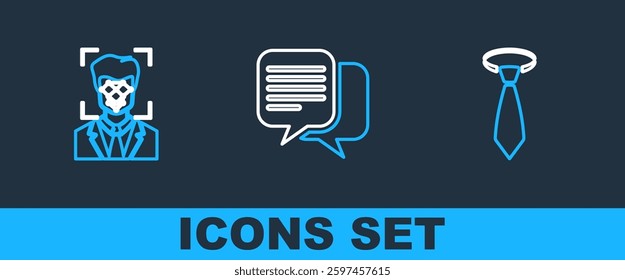 Set line Tie, Face recognition and Chat icon. Vector