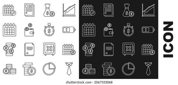 Set line Tie, Financial calendar, Battery charge level indicator, Money bag and coin, Wallet with coins, Calendar,  and Time is money icon. Vector