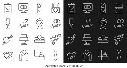 Corbata, sexo, anillos de boda, por favor no molestar, mano del corazón, copa de champán, tarjeta de felicitación y Locación con el icono del corazón. Vector