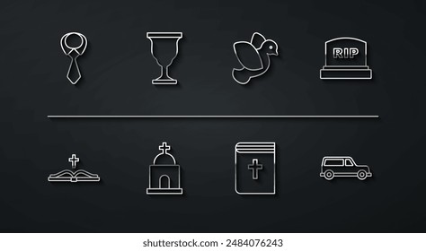 Set line Tie, Holy bible book, Tombstone with RIP written, Old crypt, Christian chalice, Hearse car and Dove icon. Vector