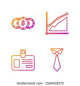 Set line Tie, Identification badge, Coin money with dollar symbol and Pie chart infographic. Gradient color icons. Vector