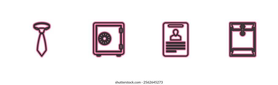 Set line Tie, Identification badge, Safe and Envelope icon. Vector
