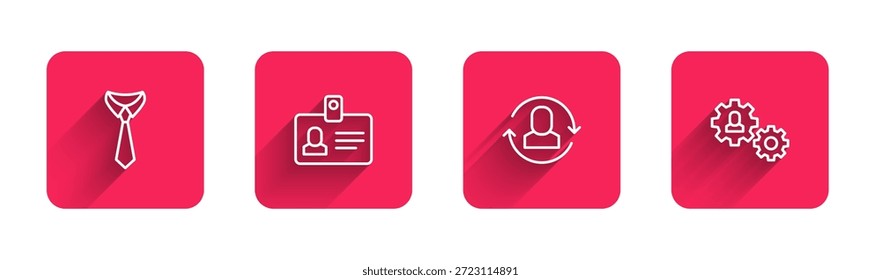 Establecer línea de empate, insignia de Identificación, trabajo de intercambio y humano con engranaje con sombra larga. Botón cuadrado rojo. Vector