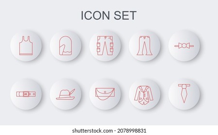 Set line Tie, Leather belt, Cargo pants, Blazer or jacket, Sleeveless T-shirt, Christmas mitten, Oktoberfest hat and Clutch bag icon. Vector