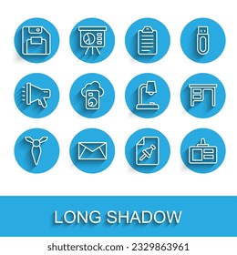 Set line Tie, Mail and e-mail, Floppy disk, Note paper with push button, Identification badge, Cloud database, Office desk and Table lamp icon. Vector