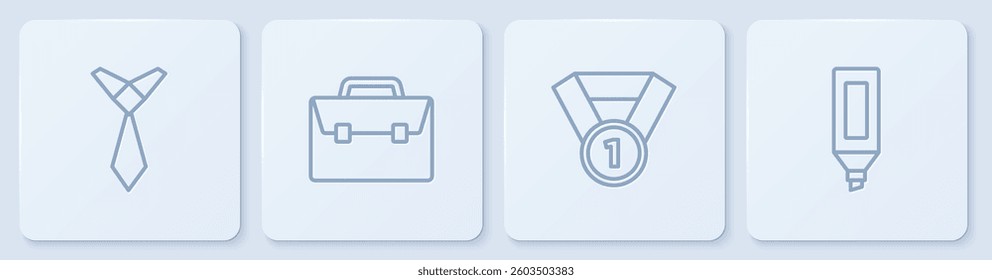 Set line Tie, Medal, Briefcase and Marker pen. White square button. Vector