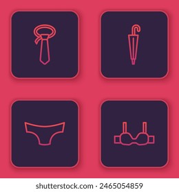 Set line Tie, Men underpants, Umbrella and Bra. Blue square button. Vector
