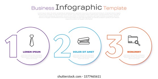 Set line Tie, Office stapler and Search concept with folder. Business infographic template. Vector