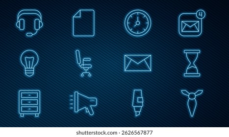 Set line Tie, Old hourglass, Clock, Office chair, Light bulb, Headphones, Mail and e-mail and File document icon. Vector