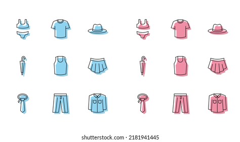 Set line Tie, Pants, Swimsuit, Shirt, Undershirt, Skirt, Umbrella and T-shirt icon. Vector