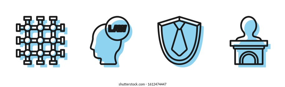 Set line Tie, Prison window, Head with law and Stage stand or debate podium rostrum icon. Vector