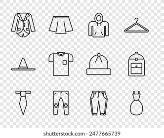 Set line Tie, Woman dress, Hoodie, Pants, Blazer or jacket, Polo shirt,  and Backpack icon. Vector