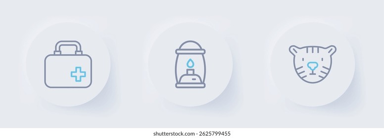 Set line Tiger head, Camping lantern and First aid kit icon. Vector