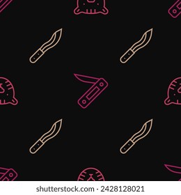 Set line Tiger head, Machete and Swiss army knife on seamless pattern. Vector