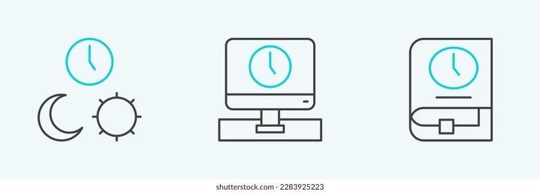 Set line Time for book, Day and night with time and Monitor icon. Vector