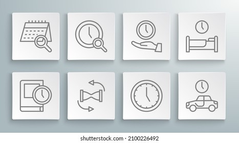 Set line Time for book, Magnifying glass with clock, Old hourglass sand, Clock, to travel, sleep and Calendar search icon. Vector