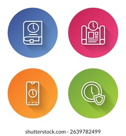Set line Time for book, Project time plan, Alarm clock app mobile and Clock with shield. Color circle button. Vector