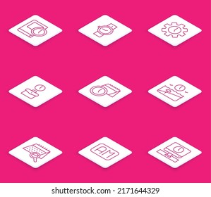 Set line Time for book, Wrist watch, Management, Work time, Calendar and clock, Vacation, search and Morning icon. Vector