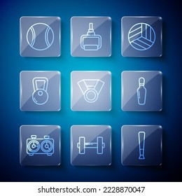 Set line Time chess clock, Dumbbell, Baseball bat, Volleyball, Medal, Kettlebell, Tennis and Bowling pin icon. Vector