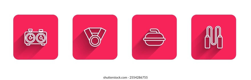 Set line Time chess clock, Medal, Stone for curling sport game and Jump rope with long shadow. Red square button. Vector