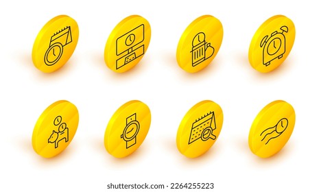 Fijar la línea Tiempo vuela en el reloj, Búsqueda en el calendario, Reloj de escritura, Banco de cohetes con moneda, Alarma, Desperdicio de tiempo, Tv inteligente e icono. Vector