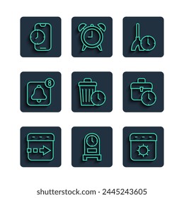 Set line Time flies on the clock, Antique, Calendar summer, Cleaning time, Waste of, Alarm app mobile,  and Work icon. Vector