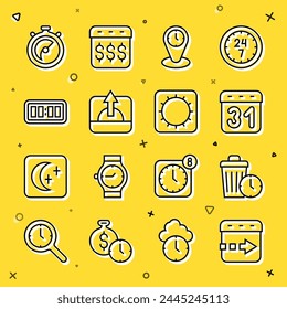 Set line Time flies on the clock, Waste of time, Calendar, zone clocks, Sunrise, Digital alarm, Stopwatch and  icon. Vector