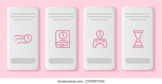 El tiempo vuela en el reloj, para el libro, el Gamepad del tiempo y el reloj de arena antiguo con arena. Botón rectángulo blanco. Vector