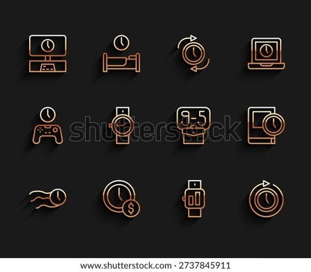 Set line Time flies on the clock, is money, Smart Tv time, Smartwatch, Clock with arrow, Wrist, for book and From 9 icon. Vector