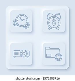 Set line Time Management, Alarm clock with dollar symbol, Presentation, movie, film, media projector and Folder settings with gears. White square button. Vector